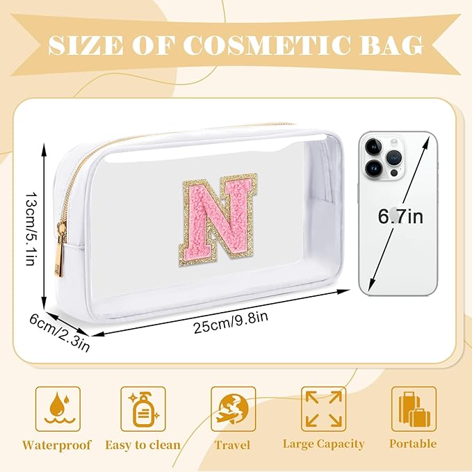 Personalized Initial Letter Clear Makeup Bag,Preppy Small Nylon&PVC Cosmetic Zipper Bag with Chenille Letter,Travel Skincare Toiletry Bag,Monogram Christmas Gift for Teen Girls Women,N