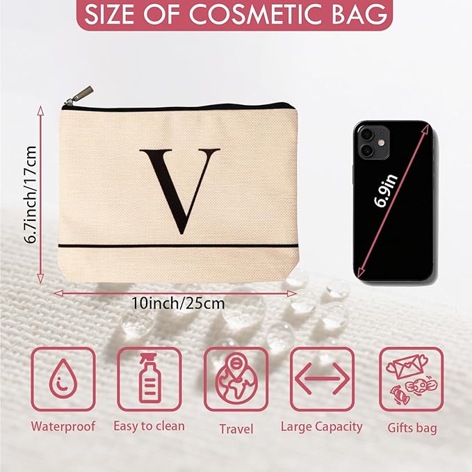 Letter A-Z Initial Personalized Makeup Bags, Birthday Gifts for Women, Monogrammed Gifts for Women Mom Sister Best Friend Bride Bridesmaid, Mothers Day, Christmas, Small Travel Cosmetic Bag (V)