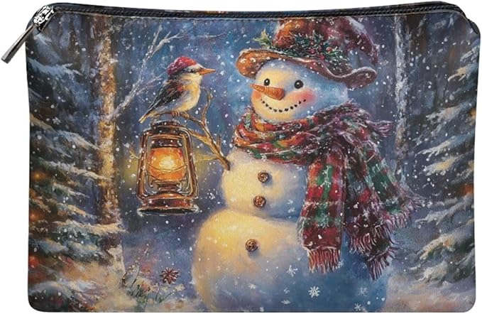 COEQINE Snowman Purse Organizer Pouches Makeup Brush Pouch for Women Travel Cute Cosmetic Bag with Zipper Small Lipstick Storage Toiletry Bags for Holiday Christmas Birthday Gifts