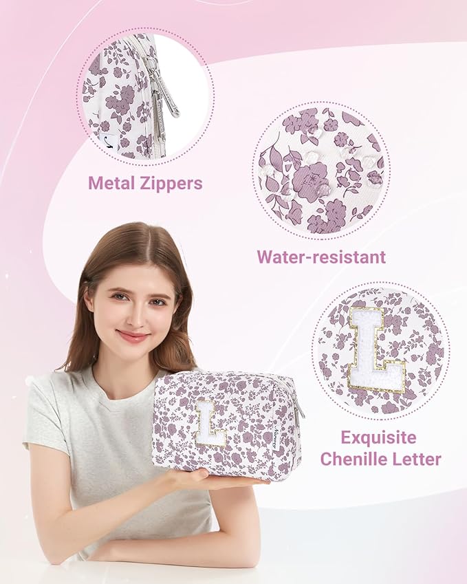 Narwey Birthday Gifts for Teen Girls Kids Women Personalized Initial Floral Makeup Bag Cute Cosmetic Trendy Stuff 6 8 10 11 12 13 14 16 18 Years Old Travel Toiletry Bag (Little Dusty Pink Flower L)