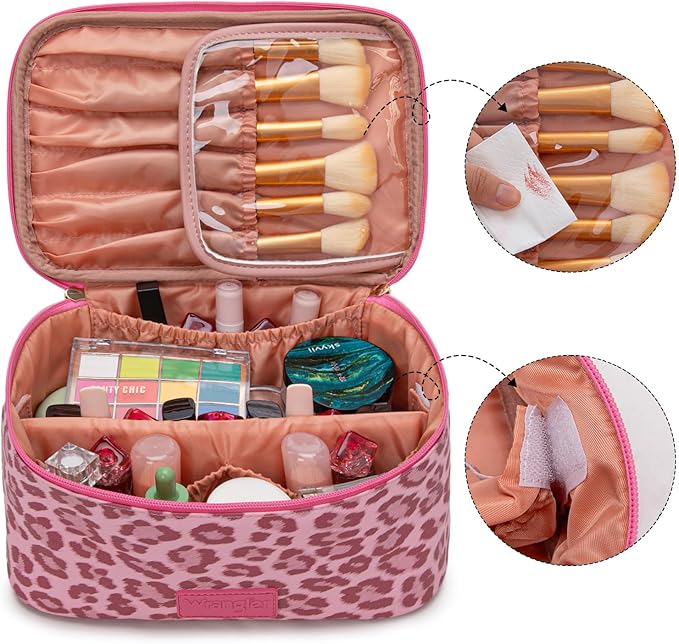 Montana West X Wrangler Travel Makeup Bag 2pcs Set Large Cosmetic Bag with Makeup Brush Holder Portable Make Up Organizer Cute Toiletry Bag with Divider and Handle for Women Leopard