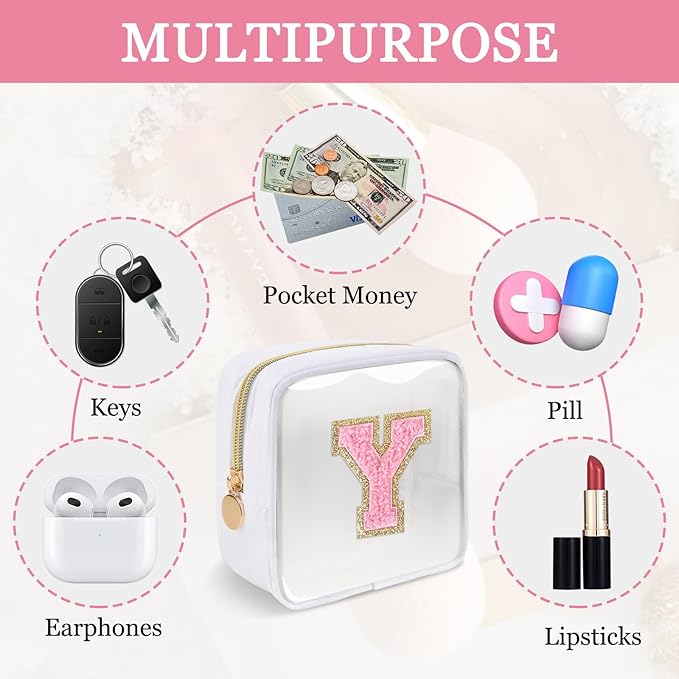 Mini Clear Personalized Initial Makeup Bag, Small Preppy A-Z Chenille Letter Patch Cosmetic Pouch, Transparent PVC & Nylon Waterproof Zip Beach Toiletry Bag,Gift for Women Girls(White-Pink Y)