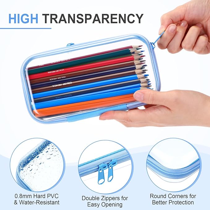 Hoolerry 3 Pcs Clear Hard Zipper Case Plastic Pouch Transparent Hard Case Clear Makeup Bag Portable Travel Organizer Bin for Cosmetics, Building Blocks, Puzzles(Blue,S)