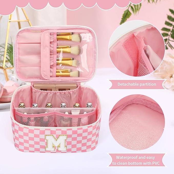 OCHEAL Makeup Bag for Women, Monogram Cosmetic Bag with Brush Holder, Pink Travel Makeup Case Beauty Toiletry Bag Organizer Personalized Gifts for Girls Bridesmaid, Sister, Wife, Friends Initial M