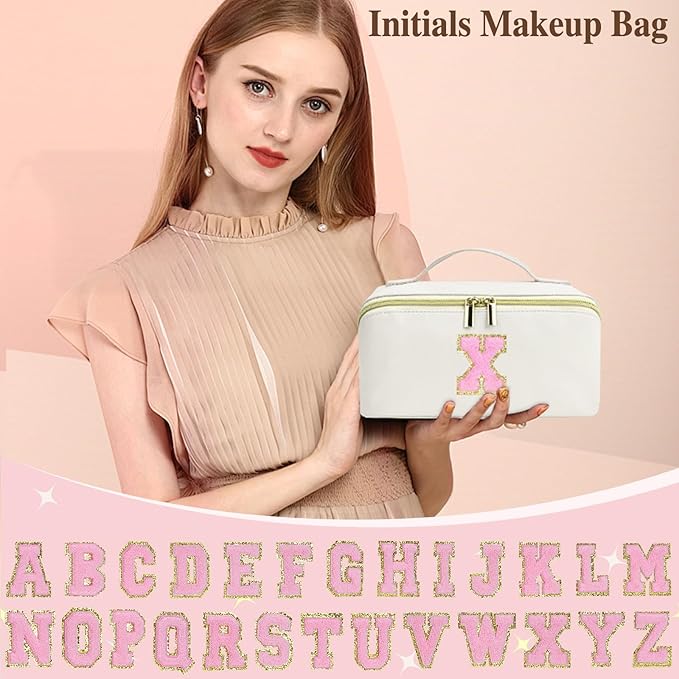 Makeup Bag for Women, PU Leather Travel Toiletry Bags, Initial Make Up Cosmetic Pouch for Teen Girls, Wide Open Portable Skincare Bag, Personalized Birthday Gifts Graduation Gifts, White C