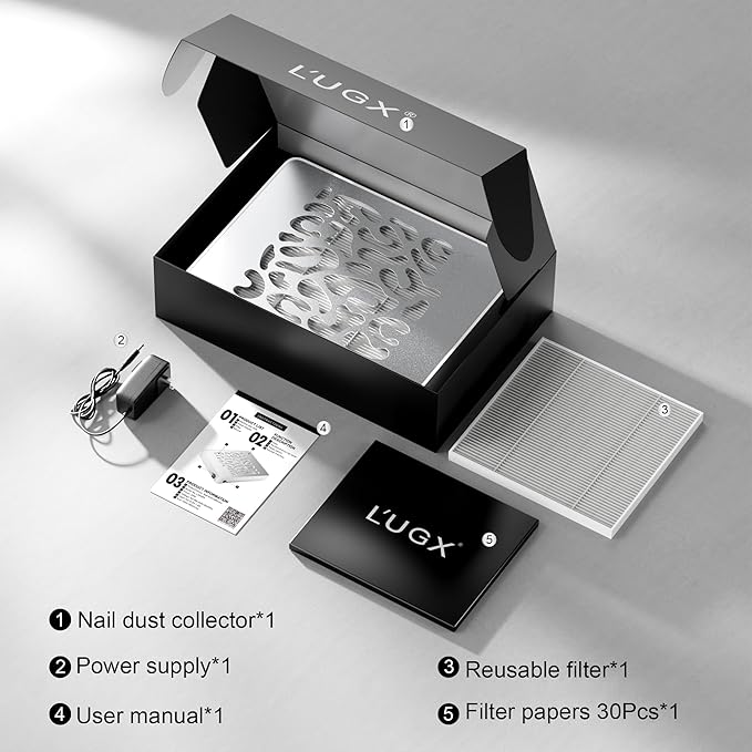 L'UGX Nail Dust Collector, Professional Dust Collector Nail Tech, Powerful Dust Suction Machine Manicure Pedicure Tool for Acrylic Nail Polishing, Low Noise, 30 Pcs Filter Papers