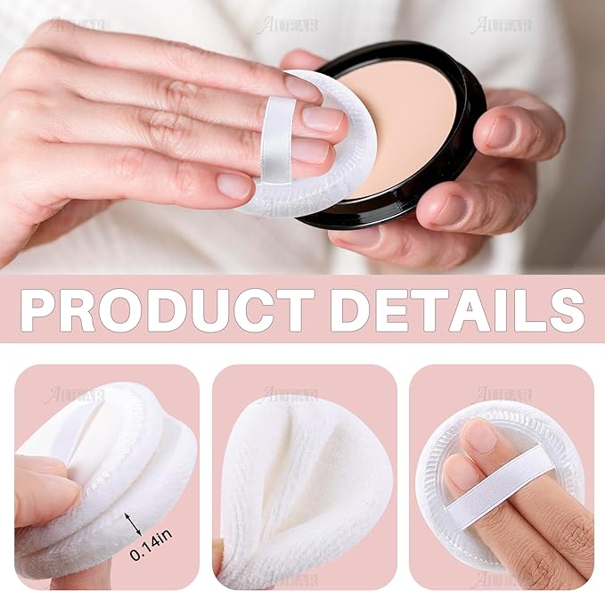 AUEAR, 10 Pack Powder Puffs Washable Pure Cotton Round Makeup Pads 2.36 Inch Cosmetic Face with Ribbon for Loose Foundation (White)