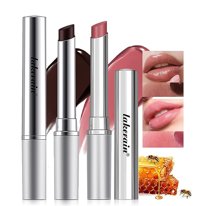 2Pcs Honey Lipstick Tinted Lip Balm, Black and Pink Lipstick, Hydrating Natural Glossy Lip Balm, Sheer Lightweight Color, Moisturizing Lip Makeup Lip Care Balm for Repairing Dry Lips