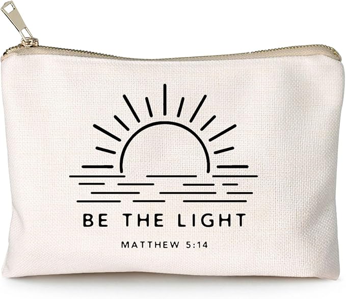 Be The Light Matthew 5:14 Gift Makeup Case Believe Cosmetic Bag Self Love Religious Makeup Pouch Linen Cotton Bag Vintage Christian Bible Verse Sunshine Inspirational Gift