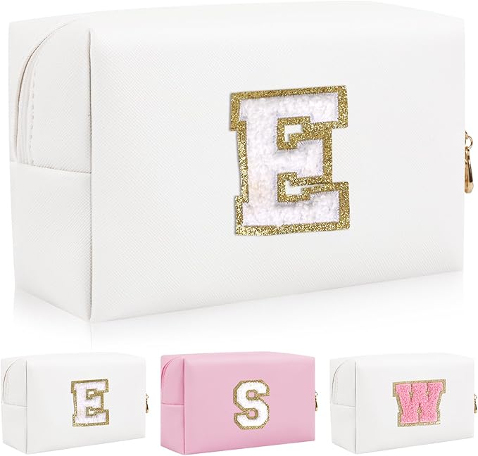 Personalized Initial Letter Patch Makeup Bag, Preppy Portable Chenille Letter Cosmetic Bag with Zipper, PU Leather Waterproof Travel Toiletry Bag Monogram Make Up Pouch for Women Girls(Letter E)