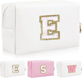 Personalized Initial Letter Patch Makeup Bag, Preppy Portable Chenille Letter Cosmetic Bag with Zipper, PU Leather Waterproof Travel Toiletry Bag Monogram Make Up Pouch for Women Girls(Letter E)