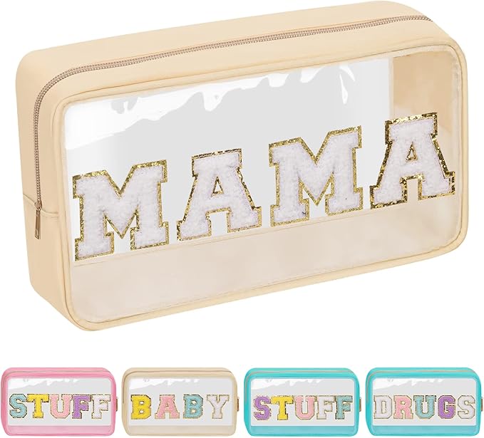 Iqimott Clear Patch Makeup Bag Mama Pouch, Preppy Personalized Chenille Letter Cosmetic Pouch for Travel, Nylon Waterproof Travel Essentials Zipper Toiletry Bags for Women Girls(MAMA, Beige)