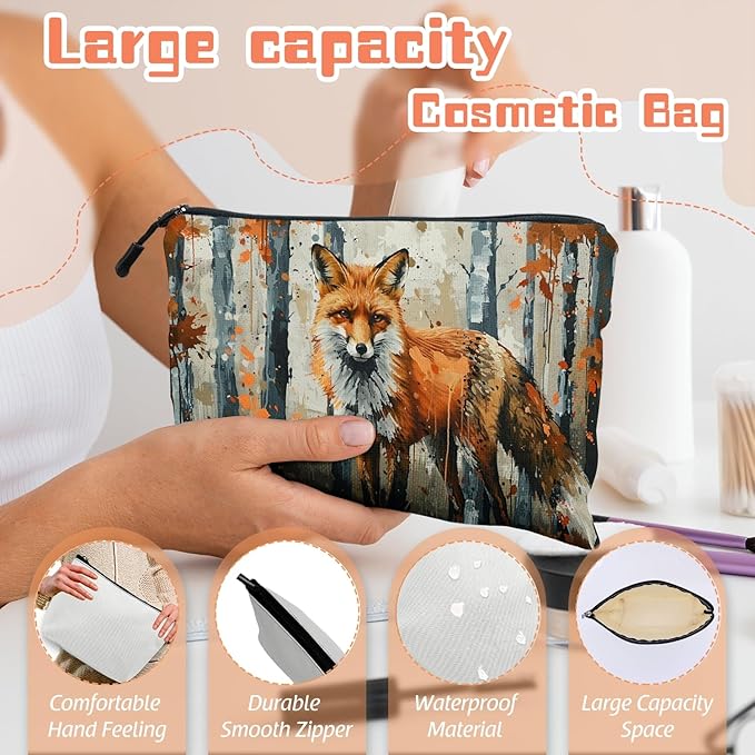 Cosmetic Bags Travel Makeup Toilet Case Waterproof Pouch for Women Girls 6.7X9.45inches - Red Fox Gazing Intently in An Autumn Wilderness