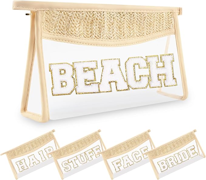 Small Boho Straw Clear Beach Makeup Bags for Women&Girls, Zipper Cosmetic Bag Chenille Varsity Letter Patch Bag, Preppy Cute Toiletry Pouch, Trendy Organizer Storage Bag for Beach Travel Essentials
