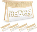 Small Boho Straw Clear Beach Makeup Bags for Women&Girls, Zipper Cosmetic Bag Chenille Varsity Letter Patch Bag, Preppy Cute Toiletry Pouch, Trendy Organizer Storage Bag for Beach Travel Essentials