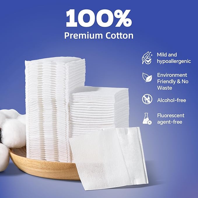 Square Cotton Pads for Face (475 Count) - 100% Pure Cotton, Soft Lint-Free Makeup Remover Pads for Facial and Eye Use, Double-Sided Design to Save Water and Hypoallergenic (75 Thick & 400 Ultra-Thin)