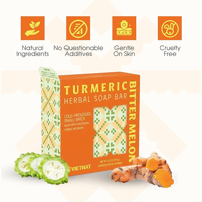 Turmeric & Bitter Melon 2-in-1 Luxurious Natural Soap Bar (4.2 oz) | Herbal Freshness & Gentle Refreshing Cleanse | Cold-Processed, Handmade in Vietnam (Pack of 1)