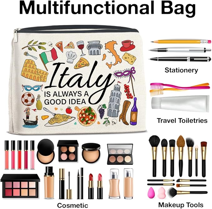 Italy Travel Cosmetic Bag, Multicolor, Waterproof, Zipper Closure, Double-Sided Printing, Rectangular, 9.6"L x 6.7"H, Perfect for Travel and Daily Use