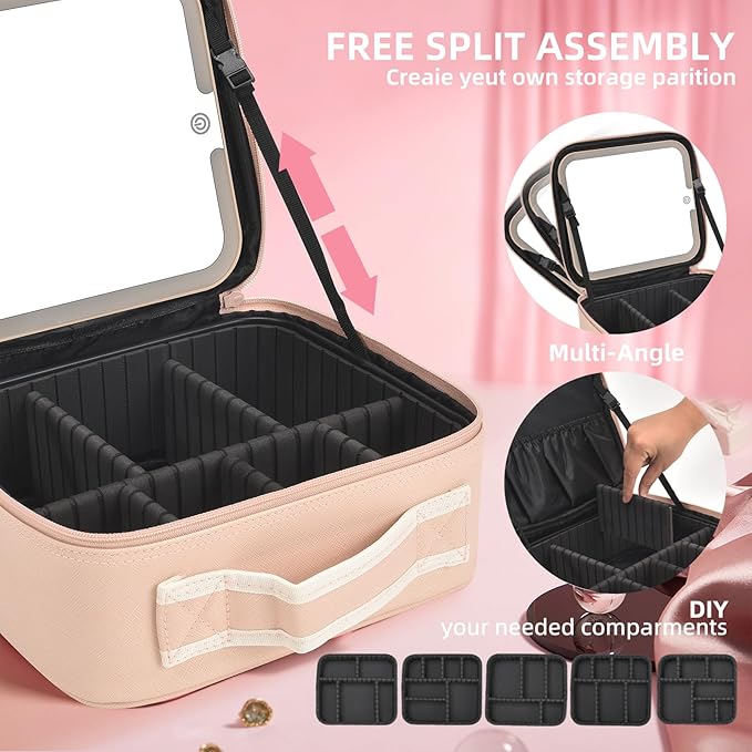 Travel Makeup Bag with LED Mirror,Removable Mirror with 3 Color Modes,Portable makeup travel organizer for Women,Makeup Case with 8 Adjustable EVA Dividers,Cosmetic Train Case with Lighted Mirror
