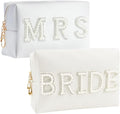 2PCS Bride to be Patch Letter Makeup Bag Bridal Shower Gifts for Engagement Wedding Bachelorette Bridesmaid Gifts for Bride Mrs Pearl Rhinestone Travel Bag White PU Leather Make Up Bag Pouch for Purse