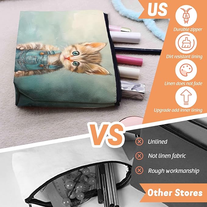 Cosmetic Bags Travel Makeup Toilet Case Waterproof Pouch for Women Girls 6.7X9.45inches - The Adorable Allure of A Kitten in Blue Overalls