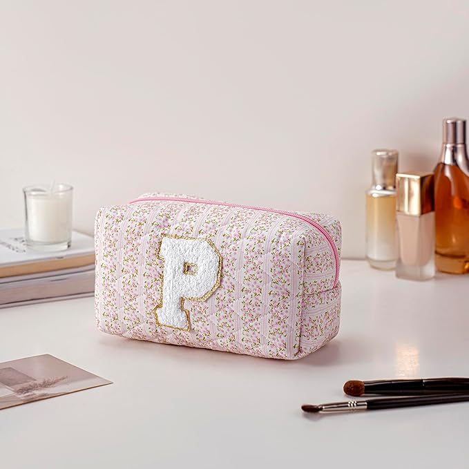 JOVAKIT Makeup Bag Cosmetic Bags for Women, Christmas Gifts for Girls Age 6-18, Alphabet Pink Floral Coquette Zipper Travel Makeup Pouch, Organizer Case Trendy Stuff (Pink Floral P)