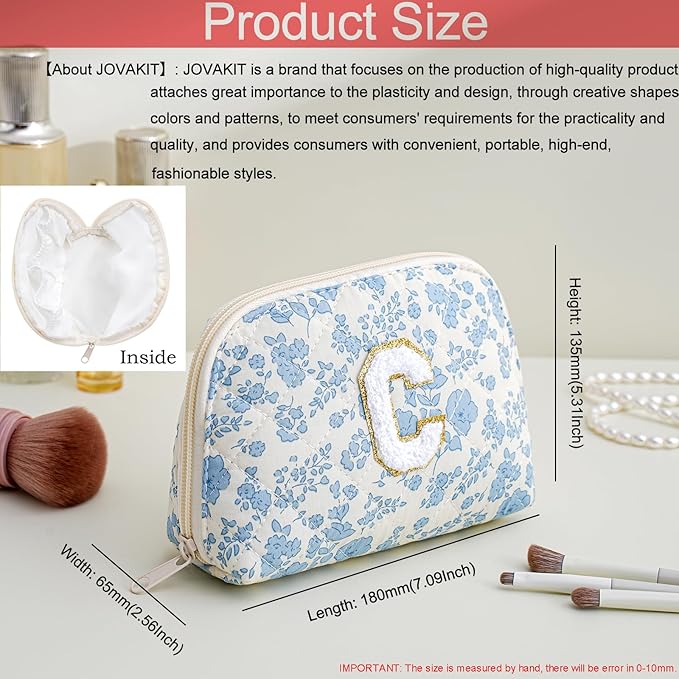 JOVAKIT Conch Alphabet Makeup Bag Cosmetic Bag for Women, Christmas Gifts for Women Girls, Blue Floral Coquette Travel Bag, Zipper Make Up Pouch Organizer Trendy Stuff (Blue Floral C)