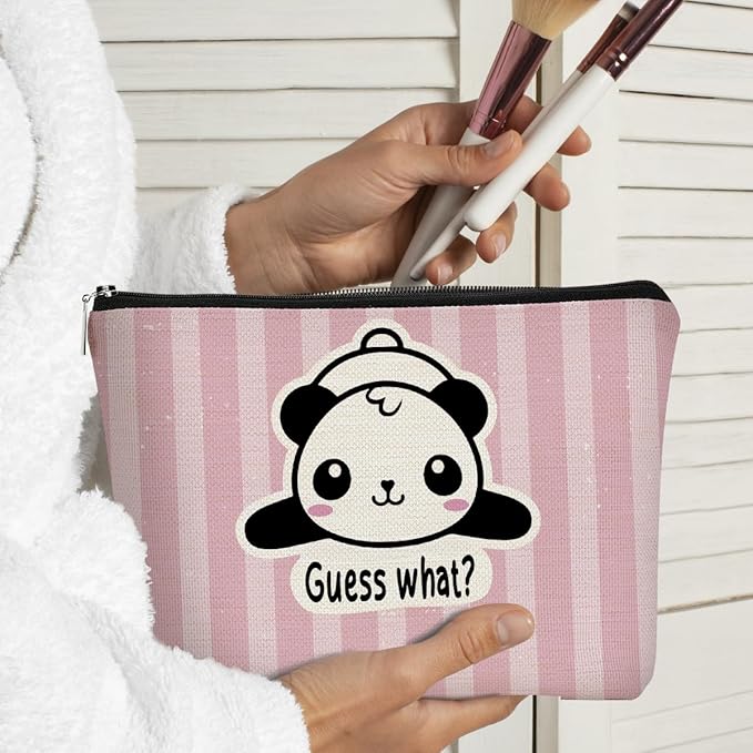 Panda Gifts Makeup Bag for Women Girls, Cute Baby Panda 'Guess What It's Pug Butt' Cosmetic Case for Teens Daughter, Accessories (Pink Stripe)