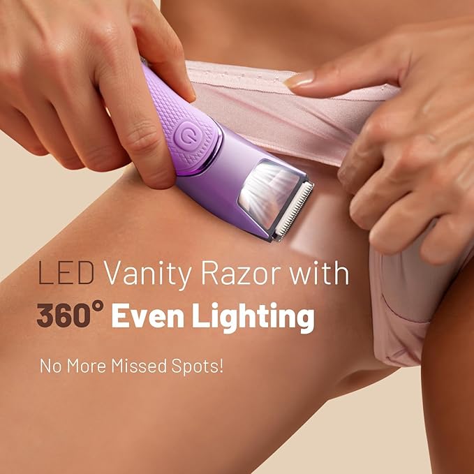 Bikini Trimmer for Women: Pubic Hair Razor with Mirror & LED Light, Electric Shaver with Travel Lock & Ceramic Blades - Body Groomer IPX7 Waterproof Use for Legs/Arm/Underarm