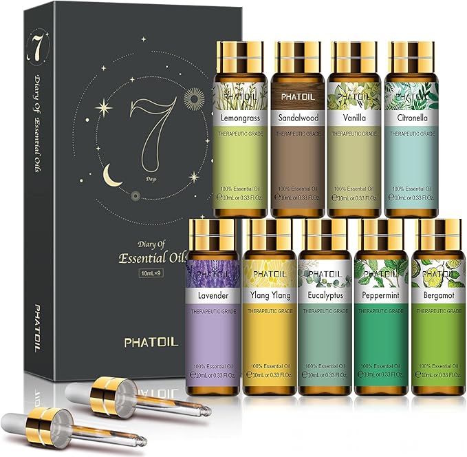 PHATOIL 9PCS Essential Oils Gift Set, 10ml/0.33fl.oz Scented Oils for Soap, Candle Making, Premium Quality Essential Oils for Diffuser, Humidifier, Massage