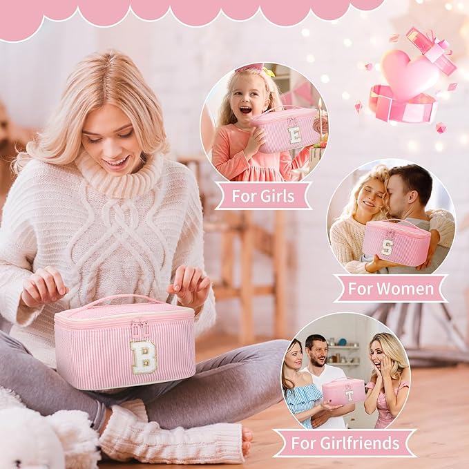 OCHEAL Makeup Bag for Women, Monogram Cosmetic Bag with Brush Holder, Pink Travel Makeup Case Beauty Toiletry Bag Organizer Personalized Gifts for Girls Bridesmaid, Sister, Wife, Friends Initial A