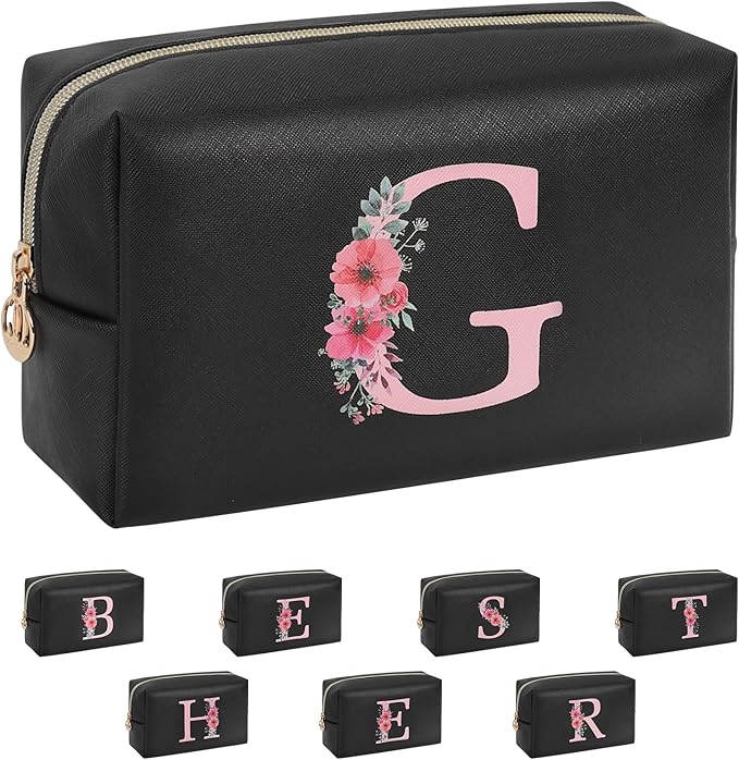 Personalized Initial Makeup Bag, Birthday Gifts for Women and Girls, Small Makeup Pouch Travel Toiletry Bag, Make Up Organizer Bag Gift Trendy Stuff for Friend Mom Teacher, Black