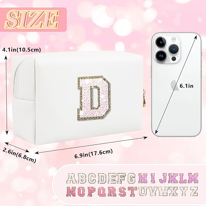 Personalized Initial Letter Makeup Bag, Preppy Glitter Letter Patch Cosmetic Pouch Zipper,PU Waterproof Travel Toiletry Bag Cute Makeup Organizer Monogrammed Make Up Bag,Gift for Women Girls