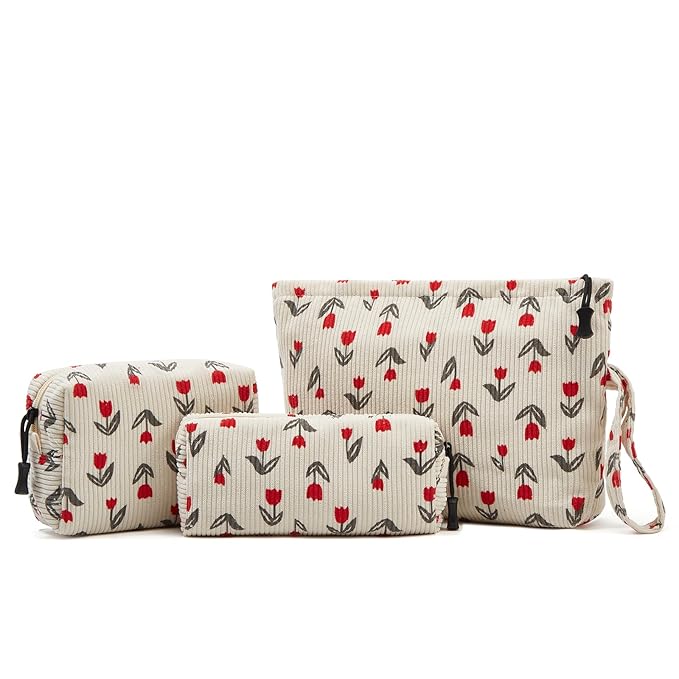 Makeup bag set small Cosmetic bag for women purse Corduroy Organizer with interior Pockets,cute Pencil zipper Pouch travel Toiletry Bag with handle(Tulip Red)