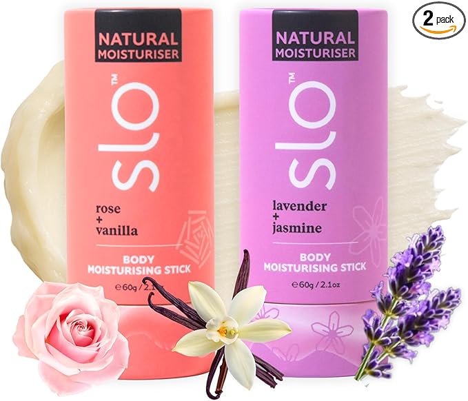 Slo Natural Moisturizing Stick | Body Balm with Organic Ingredients | Hydrating Nourishing | Coconut, Cocoa Butter & Antioxidants | Travel-Friendly | Rose Vanilla & Lavender Jasmine | 2x2.1oz/60g