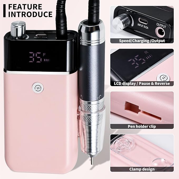 Professional Electric Nail Drill Kit Pink Portable Rechargeable Cordless Nail File Machine 35000 RPM with 7PCS Bits for Acrylic Gel Powder Nails Polish Pedicure Toenail Tool Salon Set
