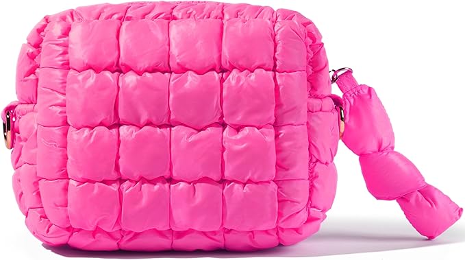 Yarnic Quilted Makeup Bag Cosmetic Bag, Travel Toiletry Bag for Women, Cute Makeup Bag Organizer Puffer Makeup Pouch (Neon Pink, S)
