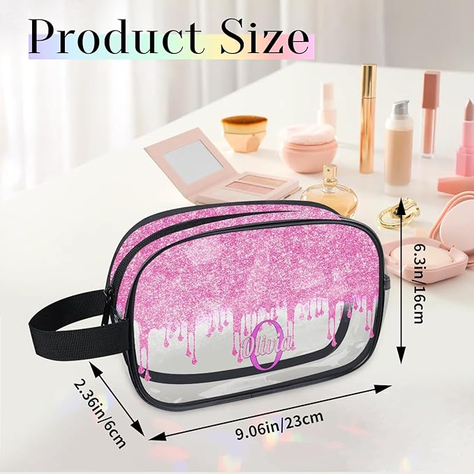 Custom Travel Toiletry Bag for Women, Clear PVC Large Makeup Bag, Cosmetic Bag, Comestic Essentials for Women, Light Pink Curtain Glittering