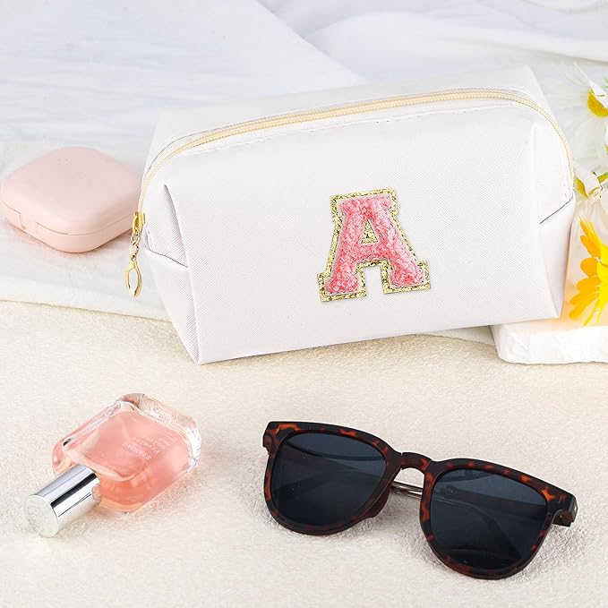 Initial Makeup Bag Personalized Preppy Travel Small Cosmetic Bag Cute PU White Chenille Letter Makeup Pouch for Purse Waterproof Zippered Toiletry Organizer for Women Girls Kids Friends (A)