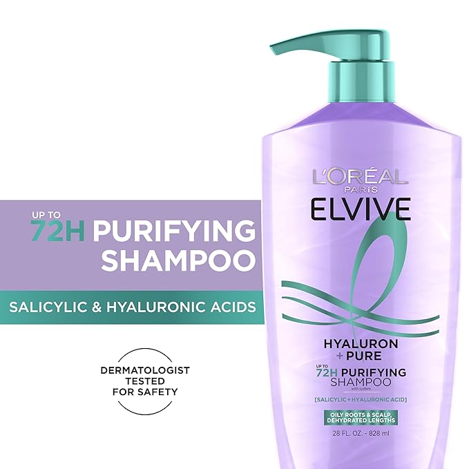 L'Oreal Paris Elvive Hyaluron + Pure Shampoo and Conditioner Set, Clarifying Shampoo and Rehydrating Conditioner with Salicylic Acid and Hyaluronic Acid, 1 Kit