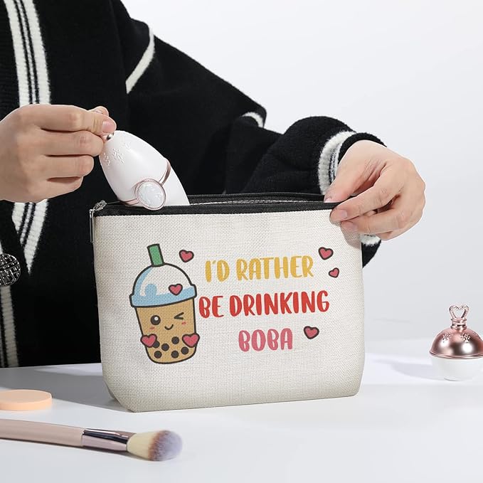 Boba Tea Lover Gifts, Boba Kawaii Makeup Bag, Boba Gifts for Girls Friend Daughter, Travel Toiletry Makeup Organizer Zipper Pouch - I'd Rather Be Drinking Boba
