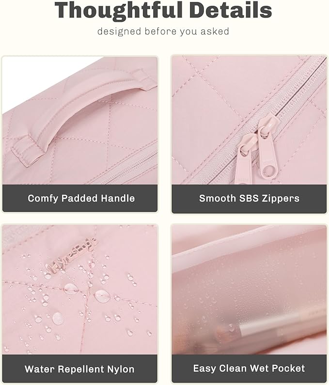 Hynes Eagle Travel Makeup Bag for Women Puffy Cosmetic Organizer Pouch Open Flat Toiletry Bag for Toiletries, Brushes Pink
