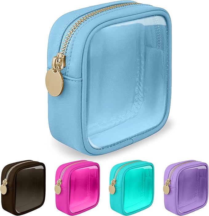 Mini Clear Travel Makeup Bag for Purse, Small Cute Preppy Cosmetic Zipper Pouch, Transparent PVC Nylon Waterproof Toiletry Storage Clutch Coin Pouch for Women Girls