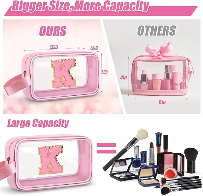 Initial Makeup Bag,Letter K Cute Clear Monogrammed Cosmetic Travel Bag for Womens Girls,Personalized Pink Aesthetic Traveling Make Up Organizer Bag for Beach,Waterproof Toiletry Bag
