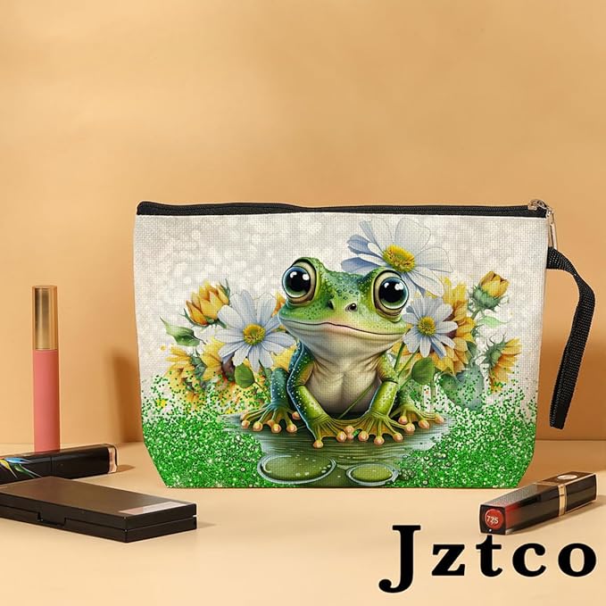 Jztco Cute Frog Makeup Bag Frog Gifts Frog Themed Gifts for Women Animal Lover Her Mom Wife Best Friend Aunt Niece BFF Toiletry Bag Mothers Day Graduation Birthday Gifts Daisy Flower Cosmetic Bag