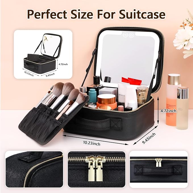 Travel Makeup Bag with LED Lighted Make up Case with Mirror 3 Color Setting Cosmetic Makeup Box Organizer Vanity Case for Women Beauty Tools Accessories Case Rechargeable