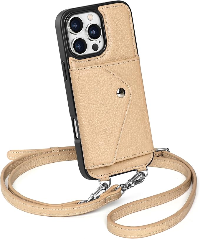 LUCKYCOIN Crossbody Wallet Phone Case for iPhone 16 Pro Max,100% Genuine Leather Wallet Phone Case with Expandable Flip Card Holder,Phone Purse for Women with Adjustable Removable Strap - Pebble Beige