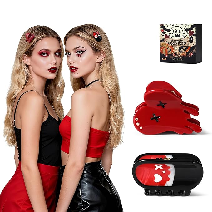 Italian Designer Original Acetate Hair Claw Clips for Women - Mini Cute Gothic Halloween Hair Accessories Bleeding Heart & Pill, Halloween Spooky, Plant-Based, Gift Boxed, 2-Pack