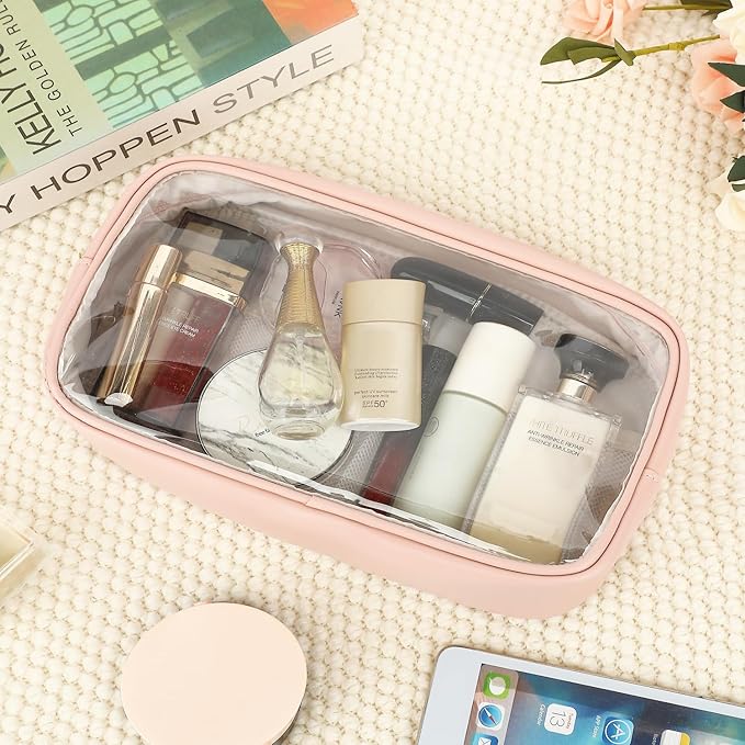 Clear Makeup Bag with 2 Customizable Chenille Letters - Waterproof PU Leather Cosmetic Case, Large Personalized Toiletry Pouch for Women & Teens, Ideal for Travel & Gift
