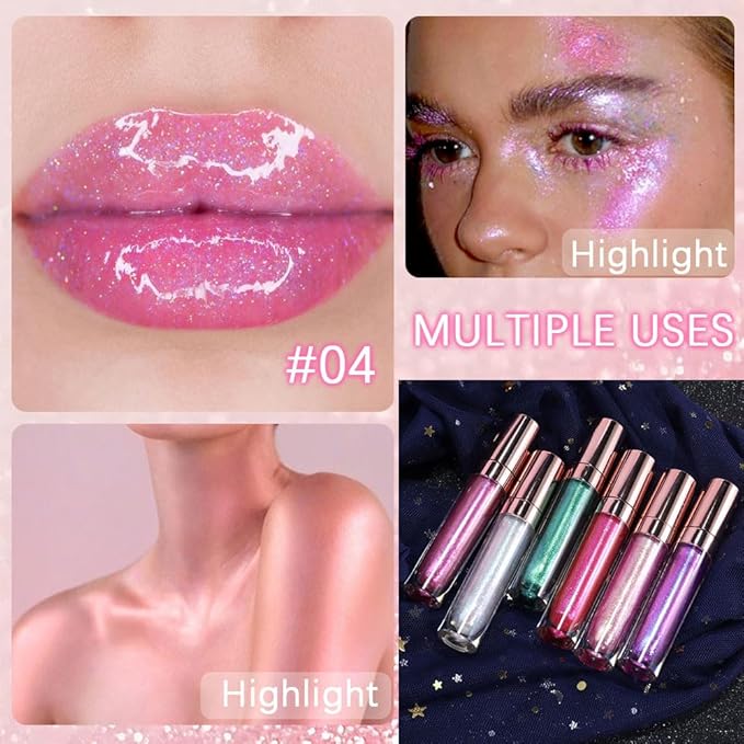 evpct 1Pcs Pink Pearlescent Chameleon Shimmer Glitter Lipstick Lip Gloss, Long Lasting Waterproof Glitter Metallic Sparkly Glossy Lip Gloss Tint Liquid Lipsticks Set Lip Stain Makeup for Women
